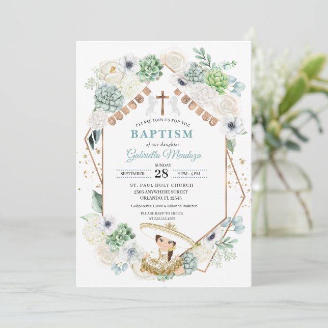 Cacti Floral Mexican Baby Charra Taufe Einladung (Stehend Vorderseite)