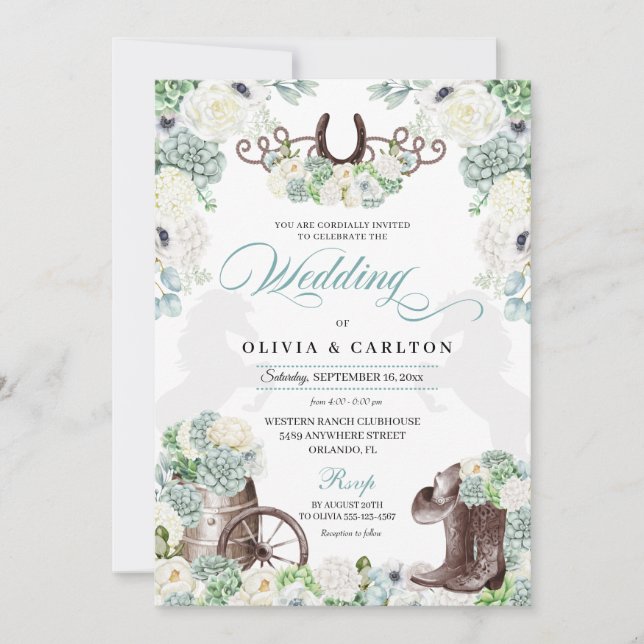 Cacti Floral Mint Green Western Cowboy Wedding Einladung (Vorderseite)