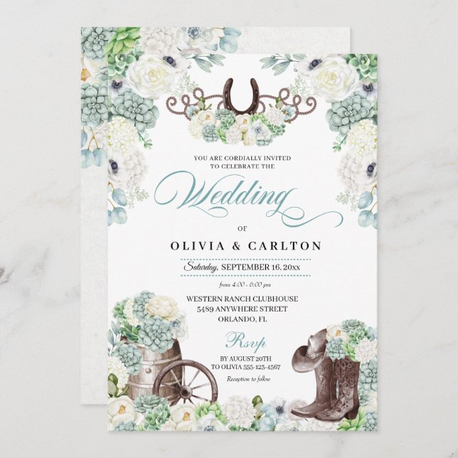 Cacti Floral Mint Green Western Cowboy Wedding Einladung (Vorne/Hinten)