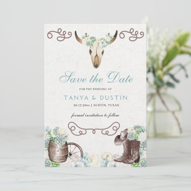 Cacti Floral Western Rustikaler Schädel Save the D Einladung (Stehend Vorderseite)