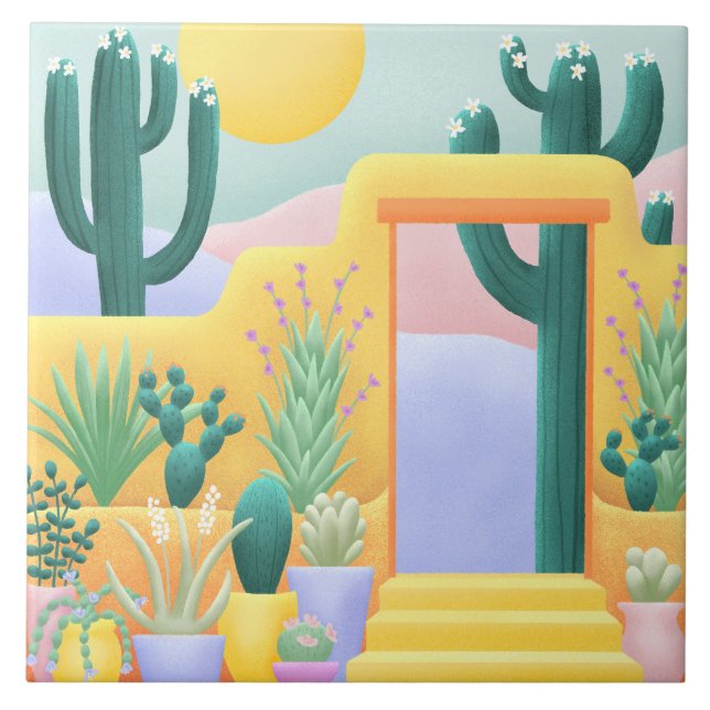Cacti Garden Südwestwüste Landschaftsbild Kunstvol Fliese (Vorderseite)