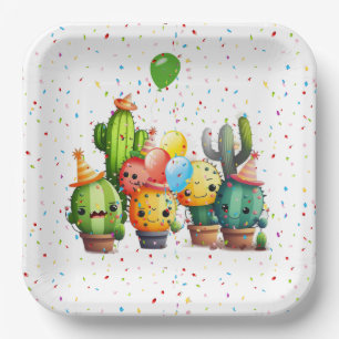 Cacti-Gruppe mit Party Confetti Pappteller