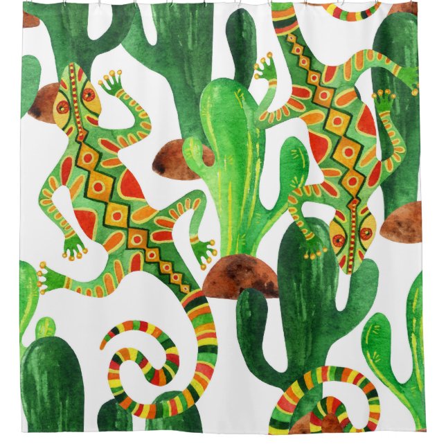 Cacti Lizards Aquarelldruck Duschvorhang (Vorderseite)