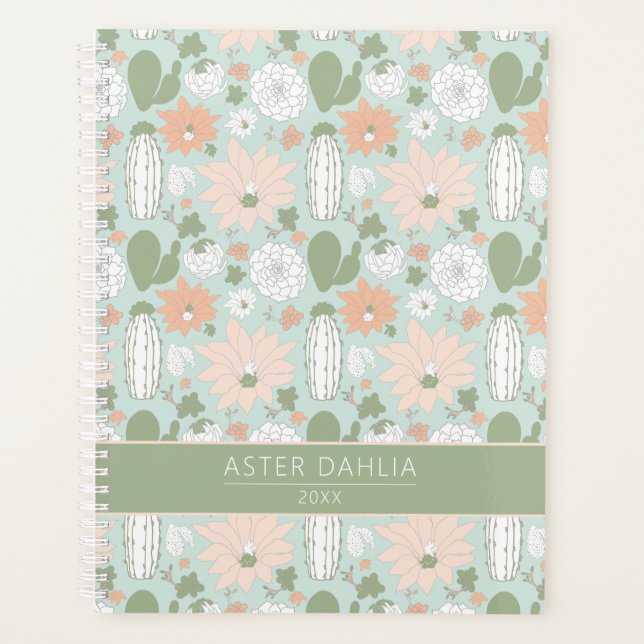 Cacti Peach Green Floral Muster mit Namen Planer (Vorderseite)