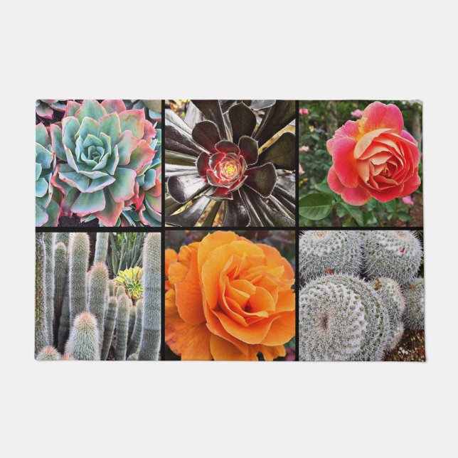 Cacti Rose Blume Foto Collage farbenfroh modern Fußmatte (Vorderseite)