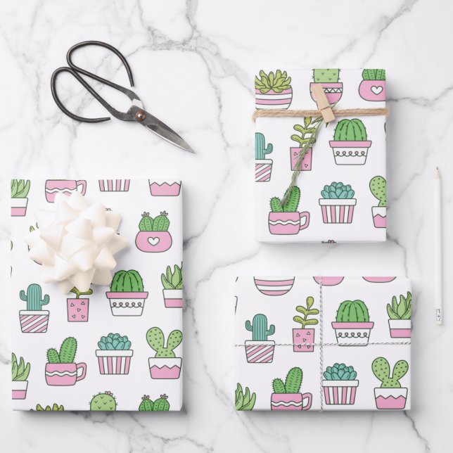 Cacti Succulents Pflanze Doodles Muster  Geschenkpapier Set (Vorderseite)