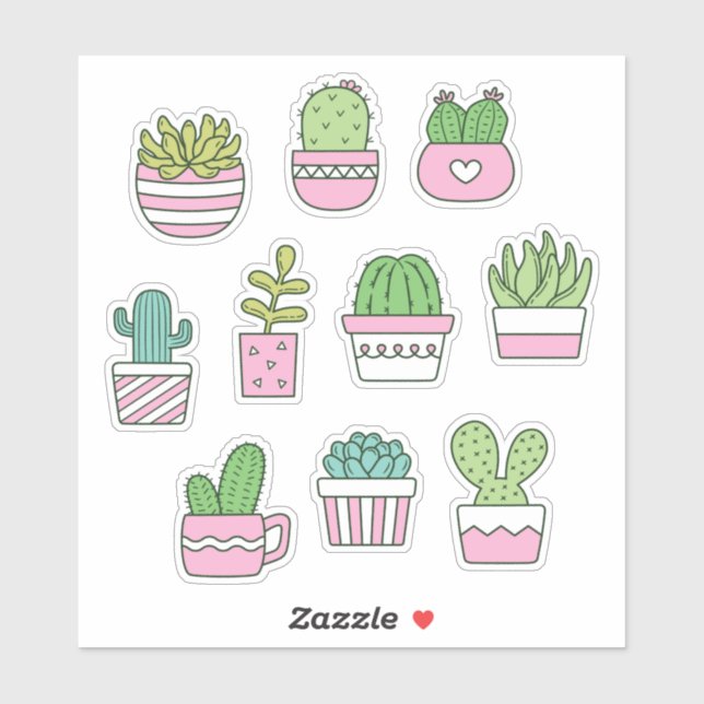 Cacti Sukkuline Pflanze Doodles-Sticker-Pack Aufkleber (Blatt)