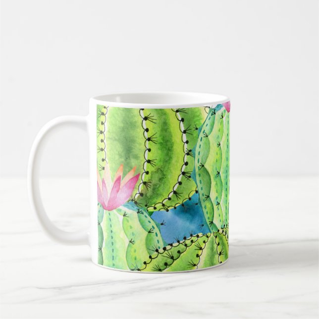 Cacti Wasserfarbe: Blumensommer Ornament. Kaffeetasse (Links)