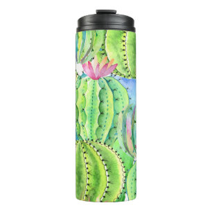 Cacti Wasserfarbe: Blumensommer Ornament. Thermosbecher