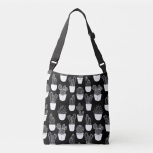 Cacti White Line Art Large Pattern Crossbody Bag Tragetaschen Mit Langen Trägern