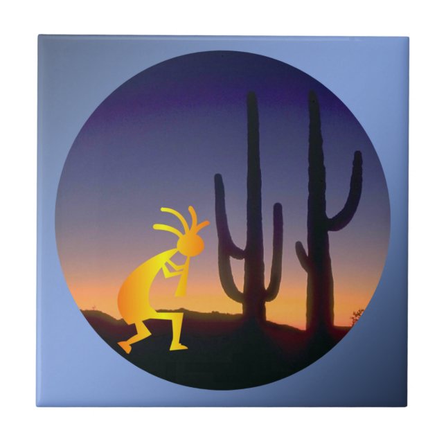 Cactus and Kokopelli Round Fliese (Vorderseite)
