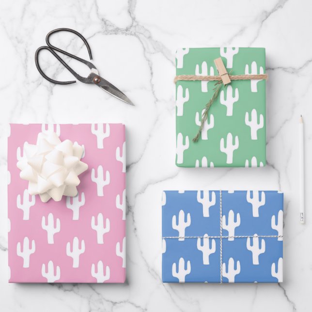 Cactus Baby Blue Pink Pastels Grüne Wüste süß Geschenkpapier Set (Vorderseite)
