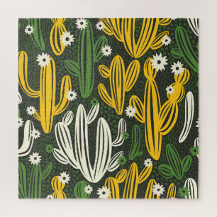 Cactus Black Background Vintag Pattern Puzzle
