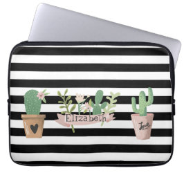 Cactus Blume Schwarz-weiß Stripes Laptopschutzhülle