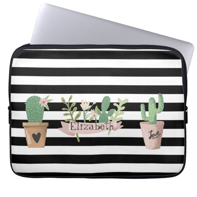 Cactus Blume Schwarz-weiß Stripes Laptopschutzhülle (Vorderseite)