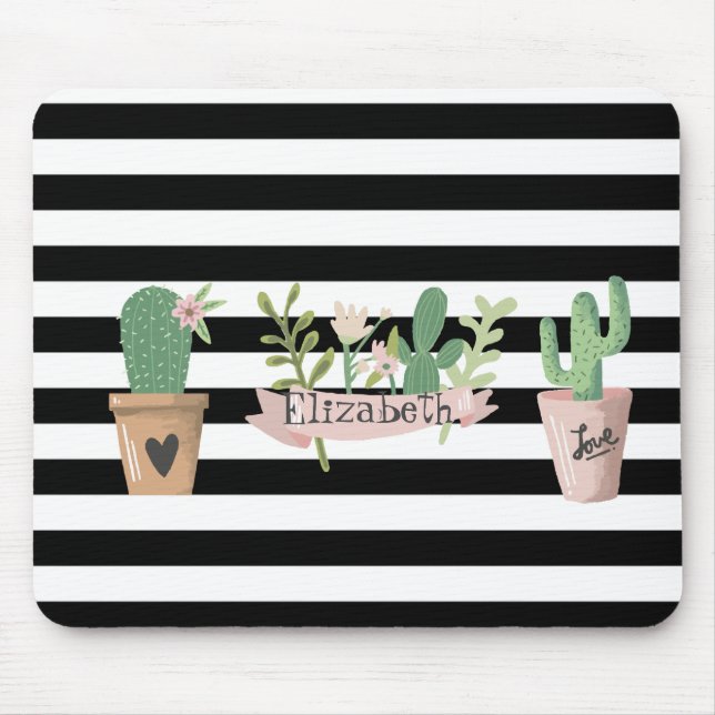 Cactus Blume Schwarz-weiß Stripes Mousepad (Vorne)