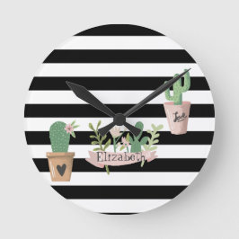 Cactus Blume Schwarz-weiß Stripes Runde Wanduhr