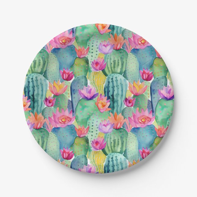 Cactus Blume Watercolor Art Wüste Farbenfroh Pappteller (Vorderseite)