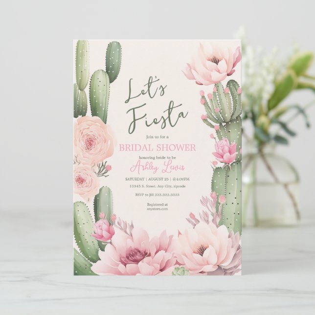 Cactus Blush pink Fiesta Boho Greenery Bridal Einladung (Stehend Vorderseite)