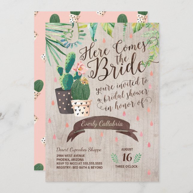 Cactus Bridal Shower Invitation - Wüstenchic Einladung (Vorne/Hinten)