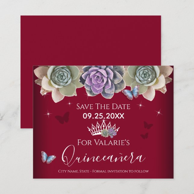 Cactus Butterfly Elegant Quinceanera Save the Date (Vorne/Hinten)