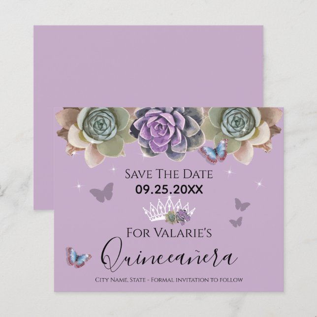 Cactus Butterfly Elegant Quinceanera Save the Date (Vorne/Hinten)
