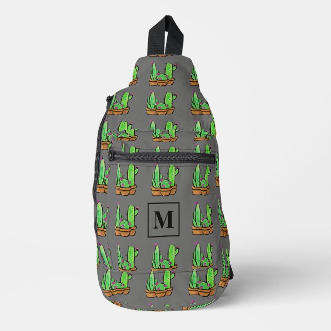 Cactus cacti succulents muster grau monogramm crossbody bag (Vorderseite)