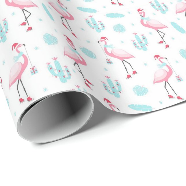 Cactus Christmas Flamingos Wrapping Paper Geschenkpapier (Rolleneckpunkt)