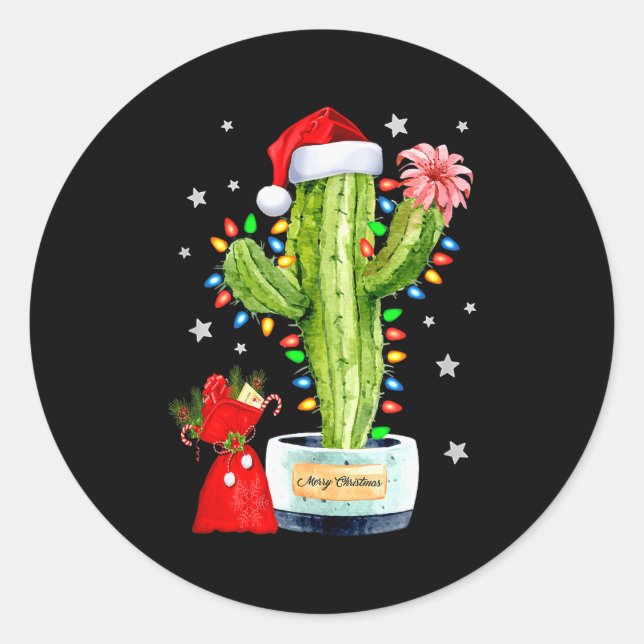 Cactus Christmas Sweater Lights Santa Xmas Plant L Runder Aufkleber (Vorderseite)