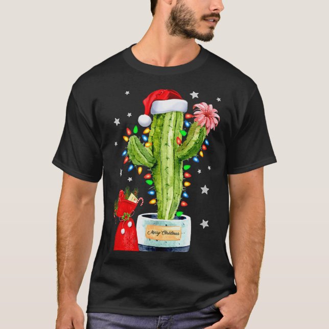 Cactus Christmas Sweater Lights Santa Xmas Plant L T-Shirt (Vorderseite)