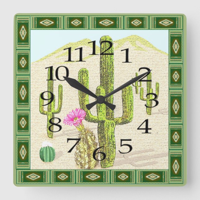 Cactus Clock im Südwesten Quadratische Wanduhr (Vorderseite)