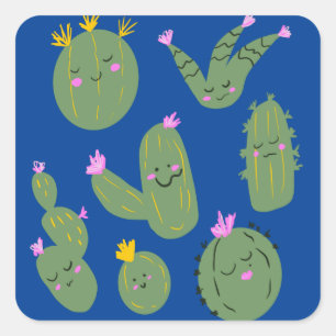 Cactus Doodle Cartoon Funny Blue Quadratischer Aufkleber