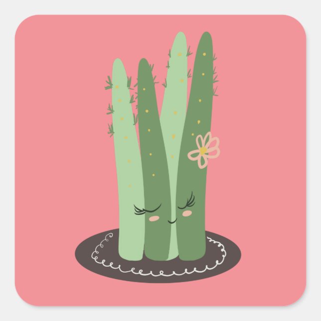 Cactus Doodle Cartoon Funny Green Pink Quadratischer Aufkleber (Vorderseite)