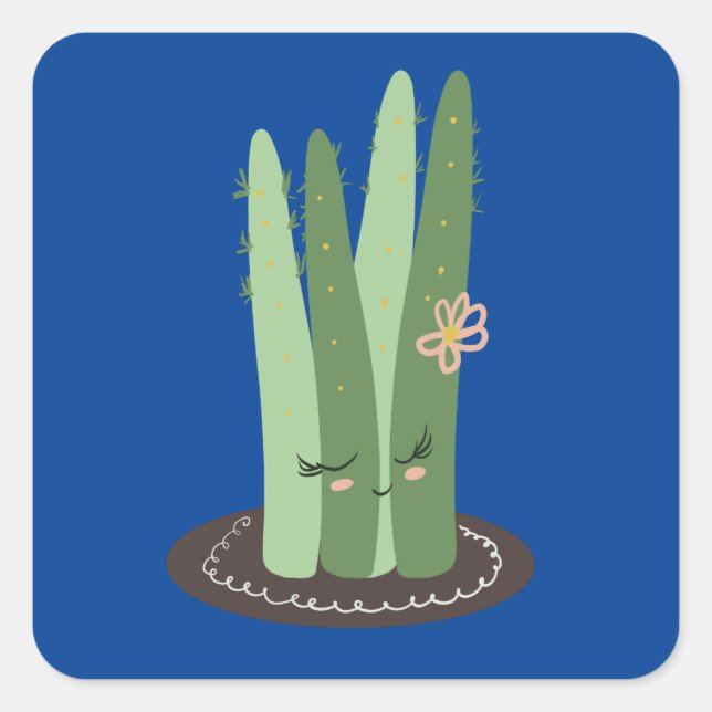 Cactus Doodle Cartoon Funny Green Quadratischer Aufkleber (Vorderseite)