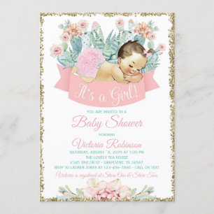 Cactus Fiesta Braunes Mädchen Baby Shower Einladung
