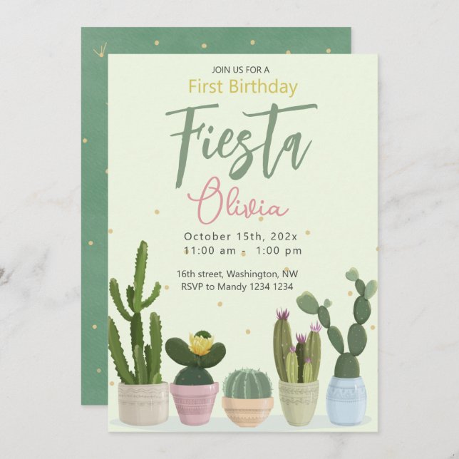 Cactus Fiesta Einladung zum ersten Geburtstag (Vorne/Hinten)