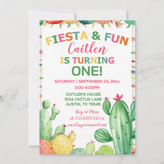 Cactus Fiesta First Birthday Girl Colorful Einladung