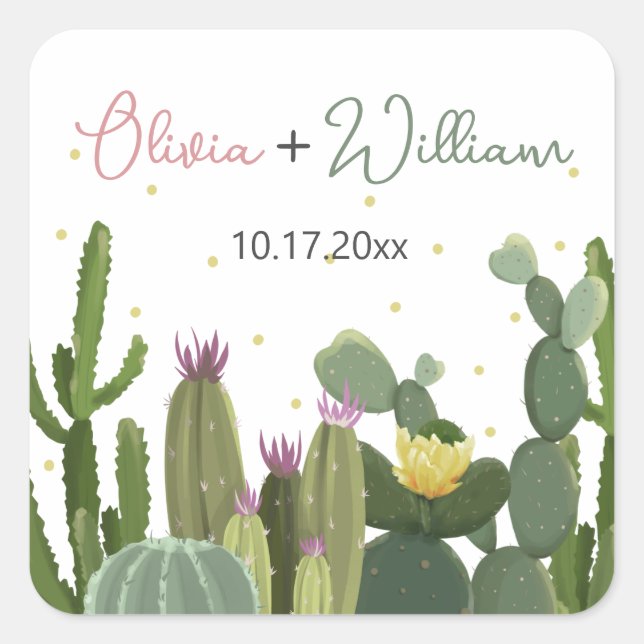Cactus Fiesta Wedding Quadratischer Aufkleber (Vorderseite)