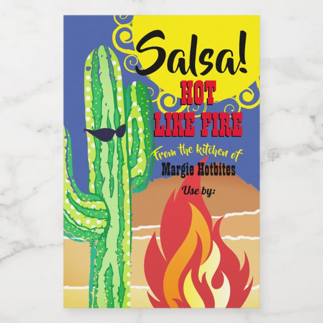 Cactus flames fire mexikanische heiße sauce salsa  lebensmitteletikett (Einzelnes Label)