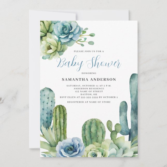 Cactus Floral Baby Shower Einladung (Vorderseite)