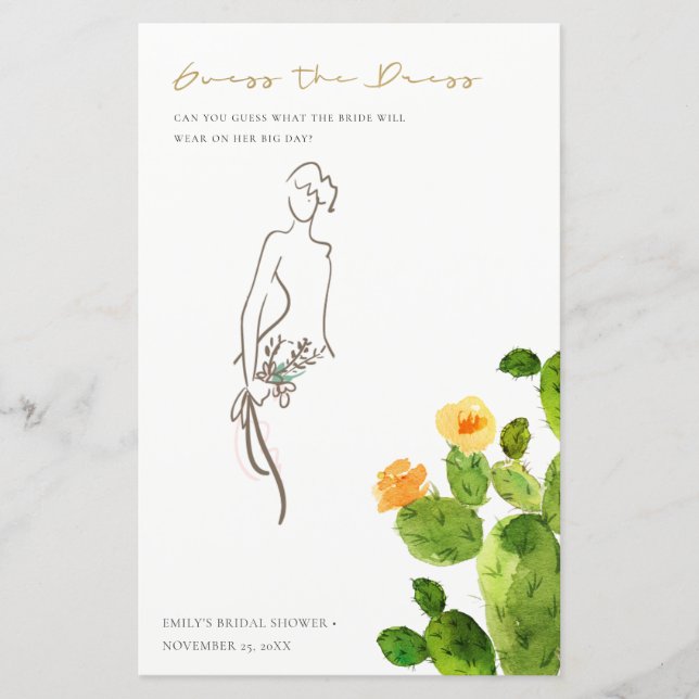 Cactus Floral Guess The Dress Brautparty Game (Vorderseite)
