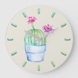 Cactus Floral Pink Aqua Wasserfarbene Minze IVORY Große Wanduhr