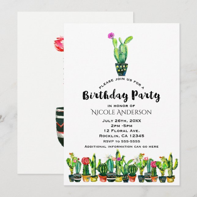 Cactus floral Rustic Southwestern Birthday Party Einladung (Vorne/Hinten)