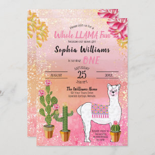 Cactus   Ganzes Llama Fun Girl 1. Geburtstag Party Einladung