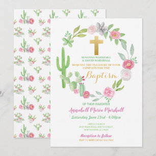 Cactus Green Baptisse Christening Cacti Pink Einladung