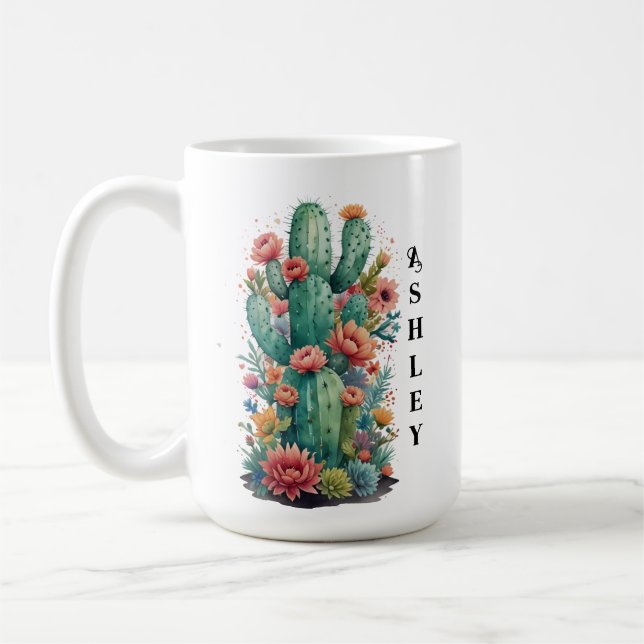 Cactus Green Succulent Watercolor Personalisiert N Kaffeetasse (Links)