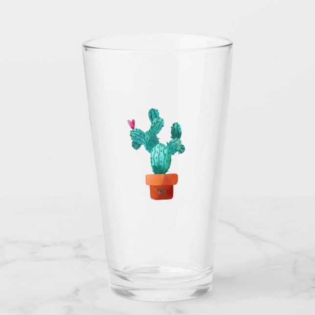 Cactus Heart Monogram Initials Green Pink Fun Glas (Vorderseite)