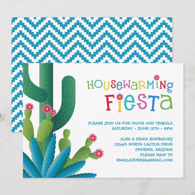 Cactus Housewarming Fiesta Party Einladung (Vorne/Hinten)