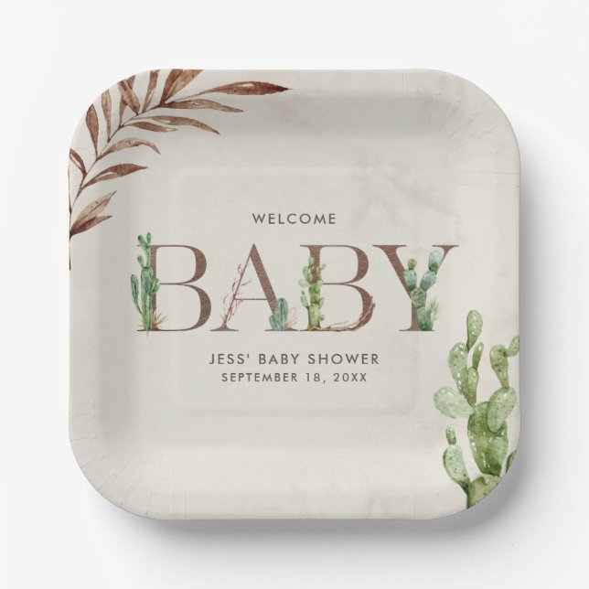 Cactus Leather Neutral Baby Shower Pappteller (Vorderseite)