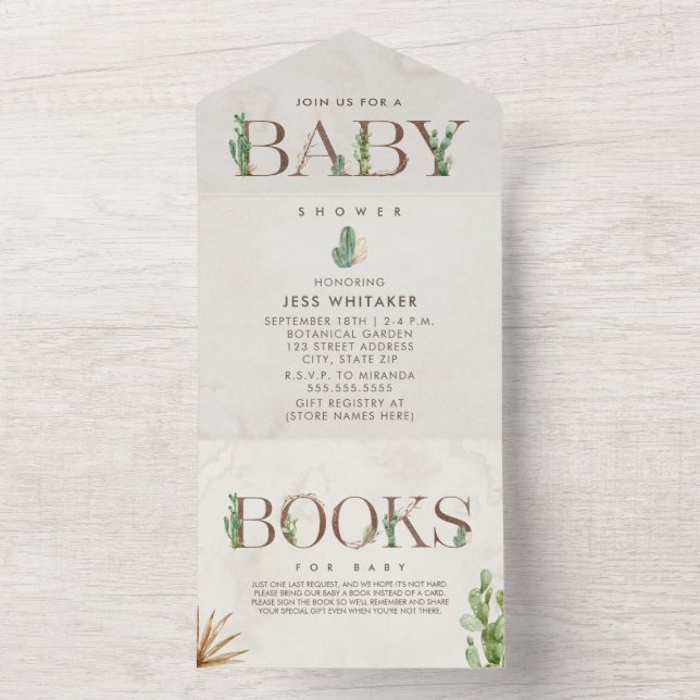 Cactus Lettering Book Request Baby Shower All In One Einladung (Innen Boden)